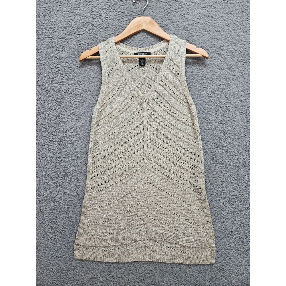 White House Black Market Sweater Tank XS Gold Chevron Metallic Pointelle V-Neck